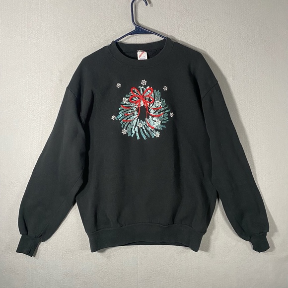 Vintage Jerzees Holiday Christmas Wreath Sweatshirt Black Green USA Size Large - Picture 1 of 8